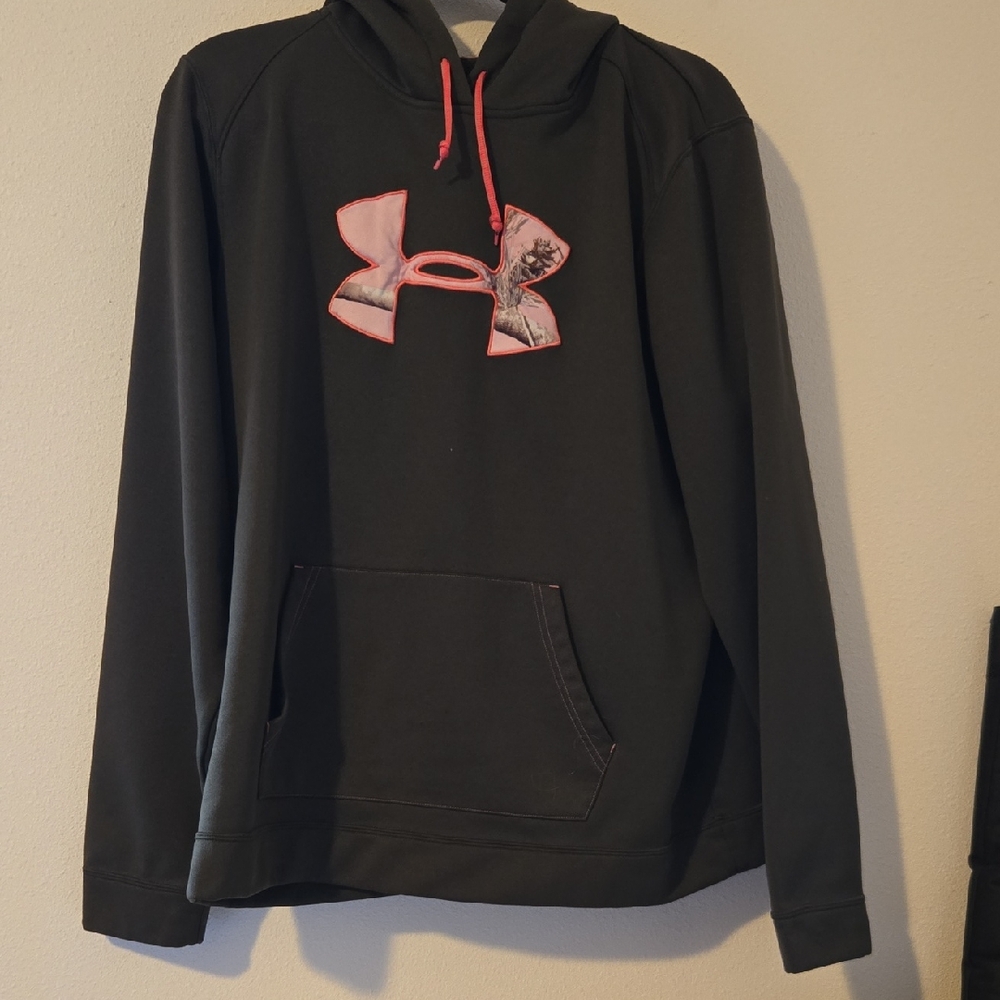 Under Armour Olive Green Hoodie with Pink Camo Logo and Pink Drawcords